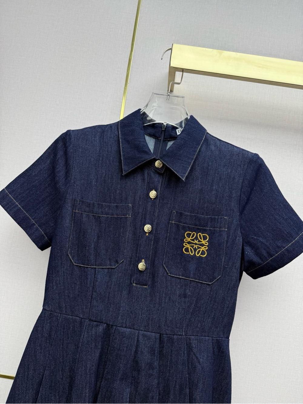 Loewe Dark Blue Denim Short-Sleeve Pleated Midi Dress with Gold Buttons - Picture 3 of 8